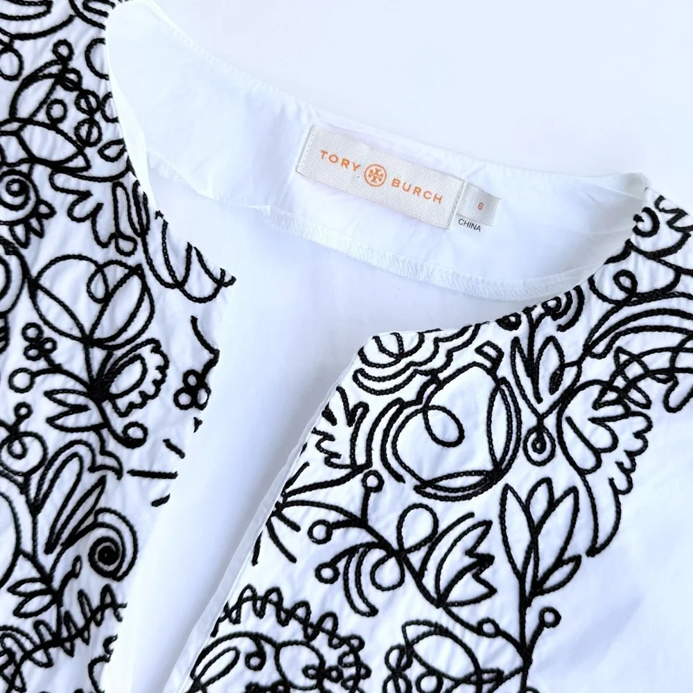 Tory Burch Embroidered White Cotton Poplin Top with Black Embroidery Size 6